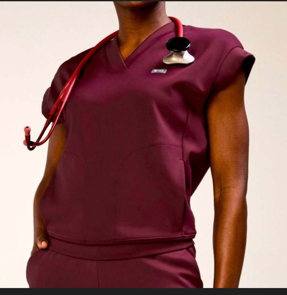 FIGS FORMx Women's High-Woven V-Neck Muscle Scrub Top in Burgundy